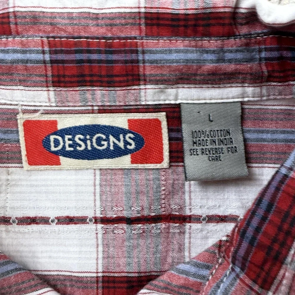 Vintage Red Plaid Shirt Mens Large Long Sleeve Button Up Lightweight Cotton